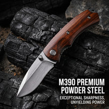 将图片加载到图库查看器，Hand drawn M390 powder steel folding knife, pocket knife, sand iron wood and carbon fiber handle
