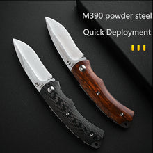 将图片加载到图库查看器，Hand drawn M390 powder steel folding knife, pocket knife, sand iron wood and carbon fiber handle
