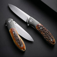 将图片加载到图库查看器，Handmade M390 powder steel folding knife, deer antler handle pocket knife
