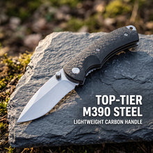 将图片加载到图库查看器，Hand drawn M390 powder steel folding knife, pocket knife, sand iron wood and carbon fiber handle
